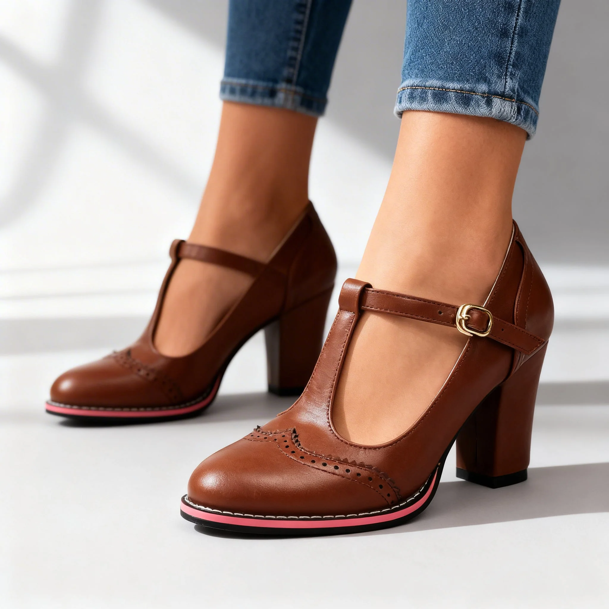 Mocassins Brogue T-Strap Abigail – Talon Bloc d’Inspiration Vintage - Image 7