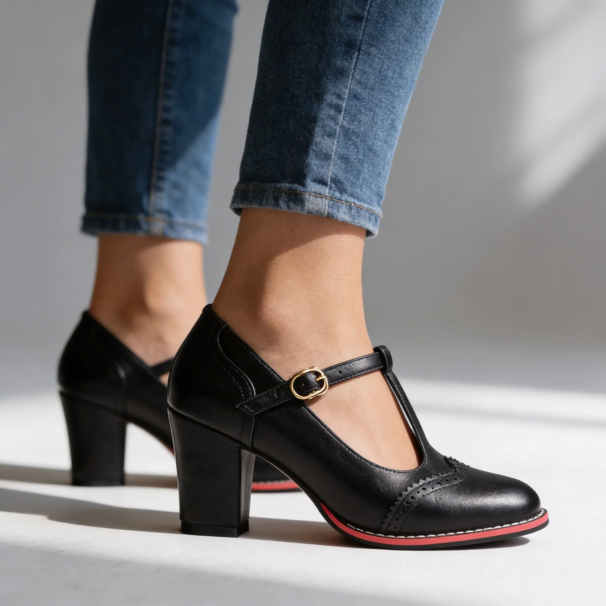 Mocassins Brogue T-Strap Abigail – Talon Bloc d’Inspiration Vintage - Image 8