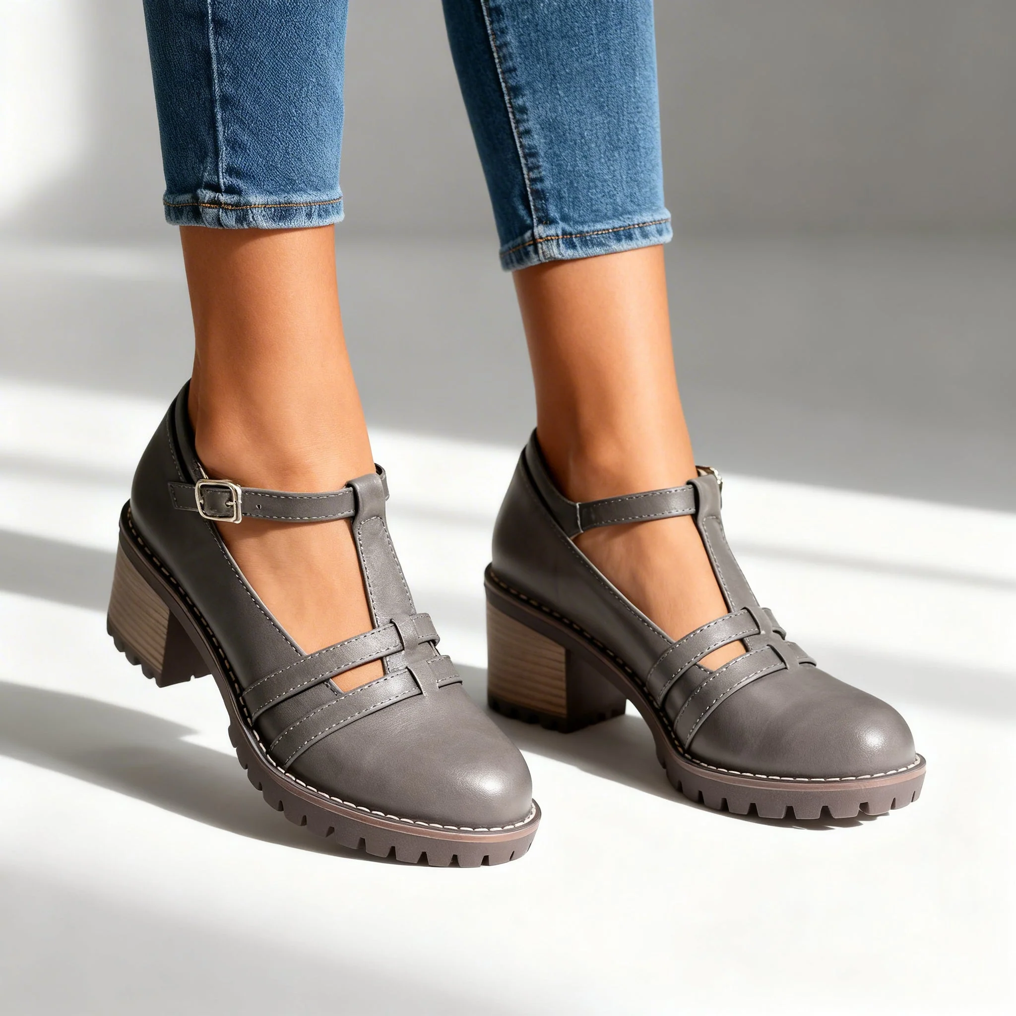 Mocassins T-Strap Rétro – Talon Bloc avec Boucle de Cheville Ajustable - Image 6