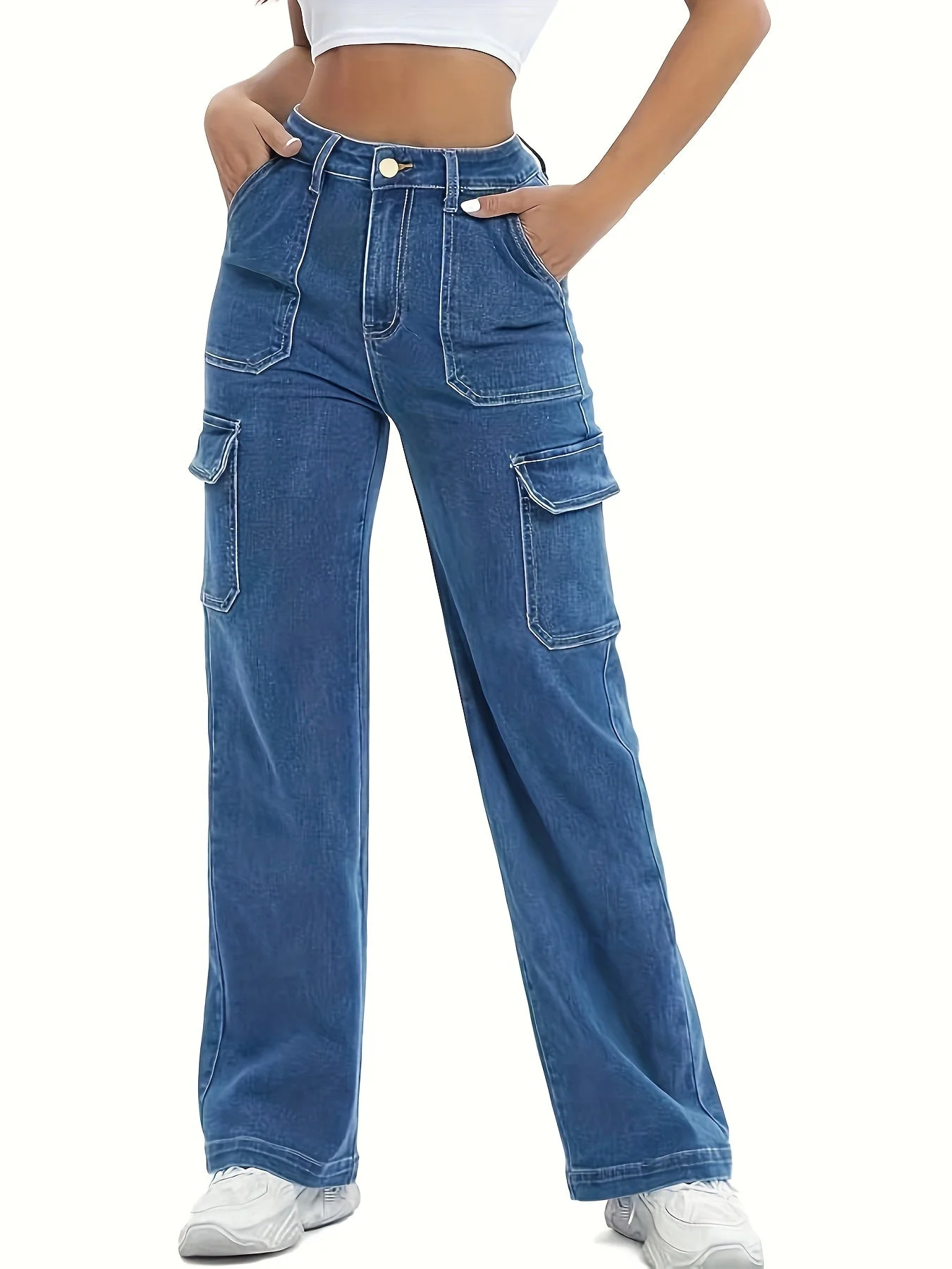 Pantalon cargo en jean taille haute pour femme – Jean décontracté à jambe large - Image 2