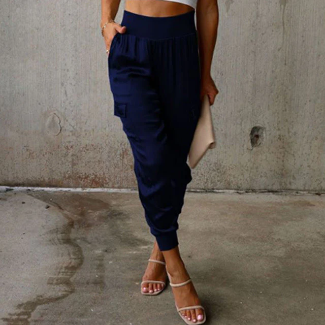 Pantalon cargo en satin taille haute pour femme – Pantalon élégant et décontracté - Image 5