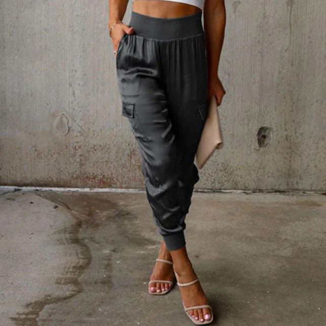 Pantalon cargo en satin taille haute pour femme – Pantalon élégant et décontracté - Image 8