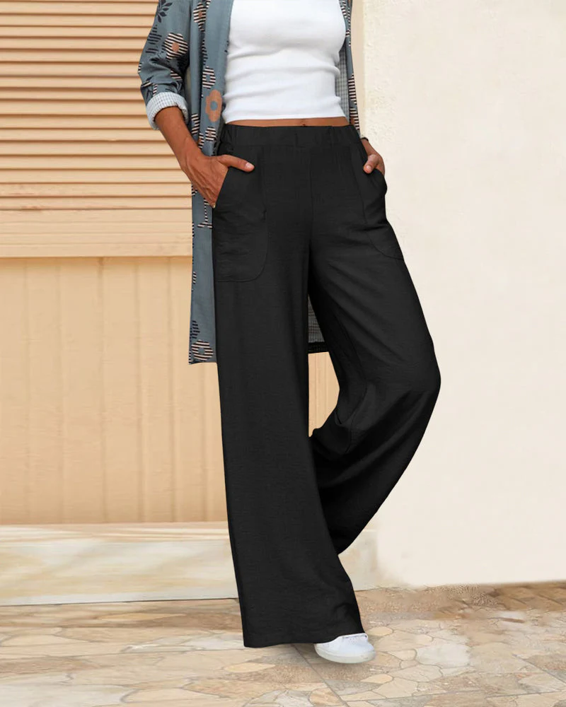 Pantalon Décontracté Taille Haute Femme – Pantalon Large avec Ceinture Élastique et Poches - Image 4