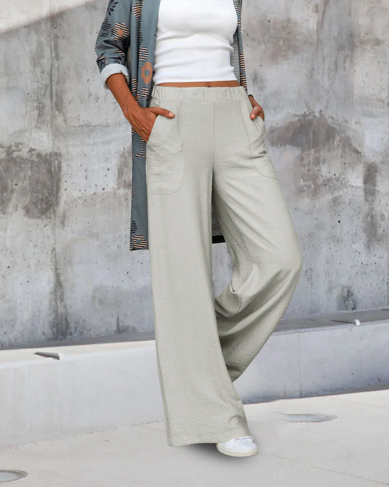 Pantalon Décontracté Taille Haute Femme – Pantalon Large avec Ceinture Élastique et Poches - Image 8