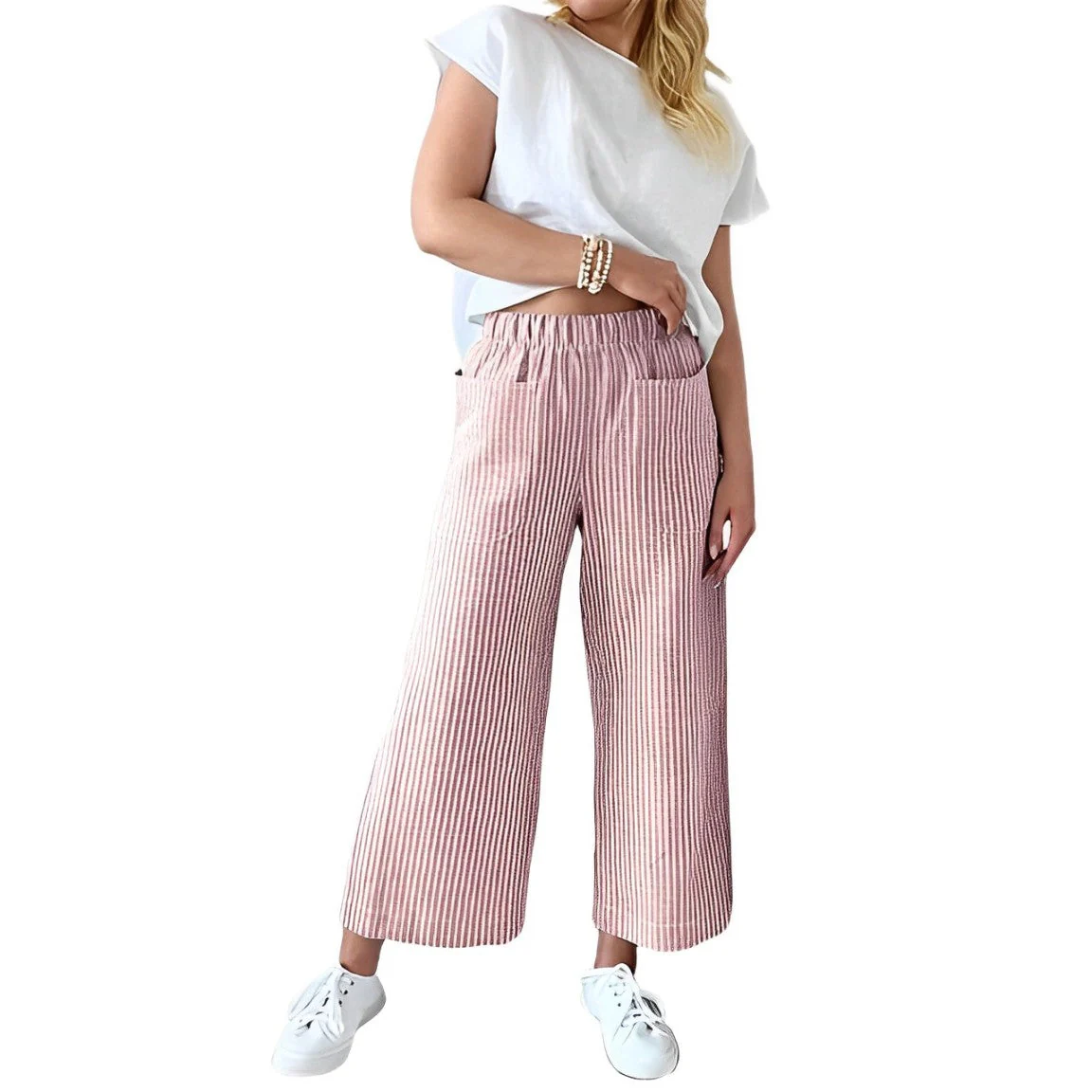 Pantalon en Coton Rayé Coupe Décontractée pour Femme – Pantalon Quotidien Décontracté - Image 2