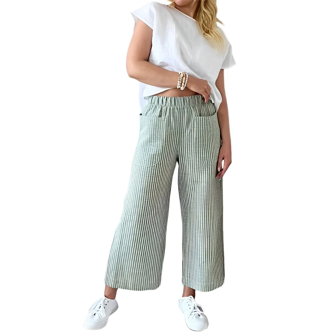 Pantalon en Coton Rayé Coupe Décontractée pour Femme – Pantalon Quotidien Décontracté - Image 3