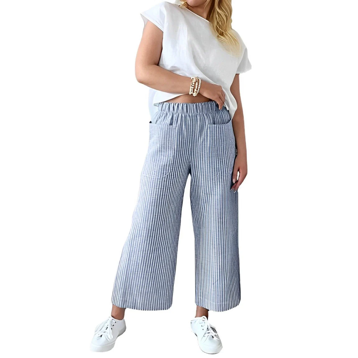 Pantalon en Coton Rayé Coupe Décontractée pour Femme – Pantalon Quotidien Décontracté - Image 4