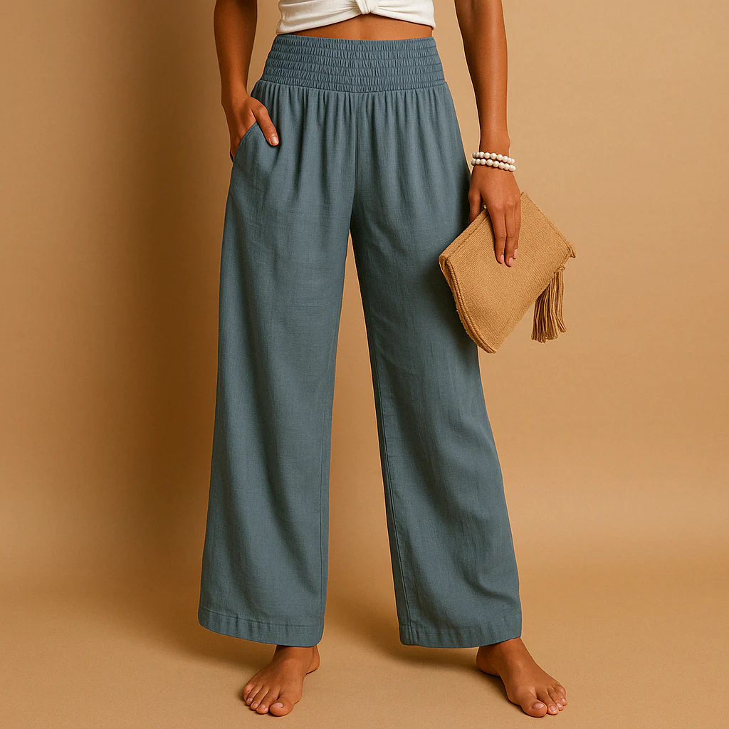 Pantalon en lin élégant taille haute pour femme – Pantalon décontracté élastique - Image 3