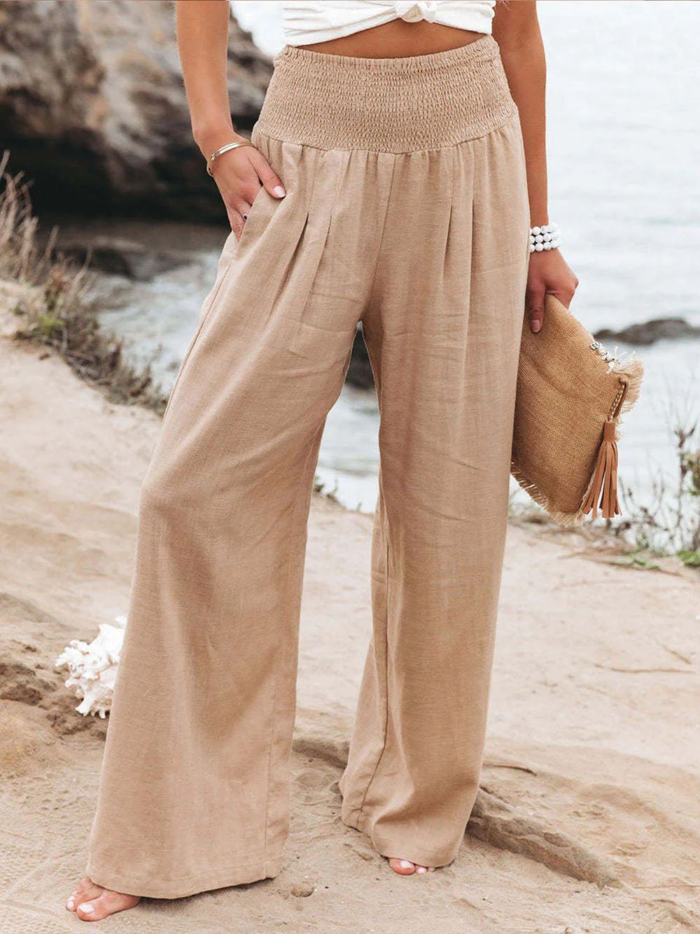 Pantalon en lin femme été – Taille élastique et coupe large fluide - Image 6