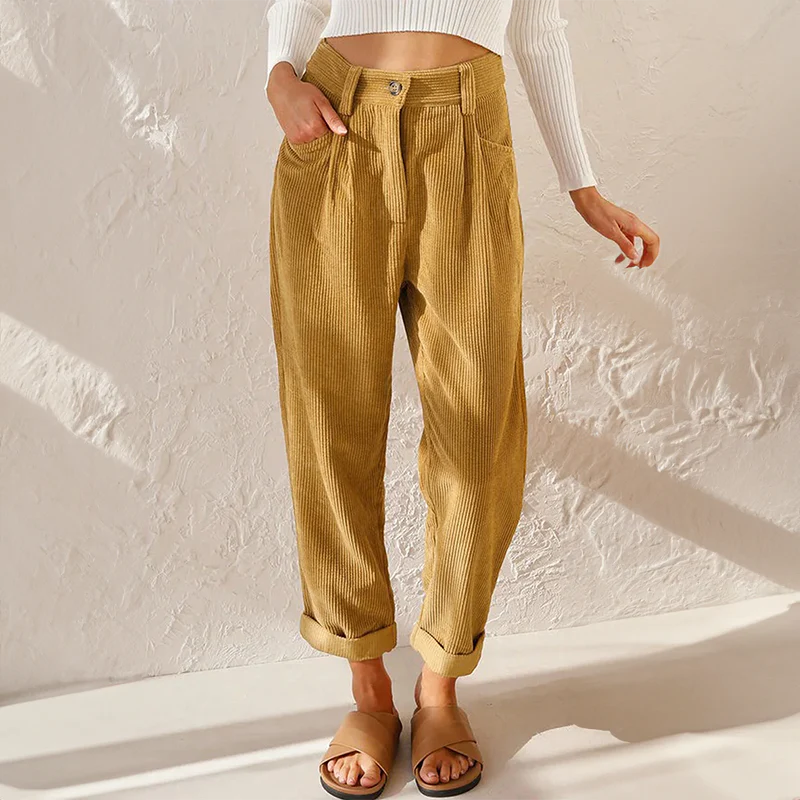 Pantalon en velours côtelé taille haute pour femme