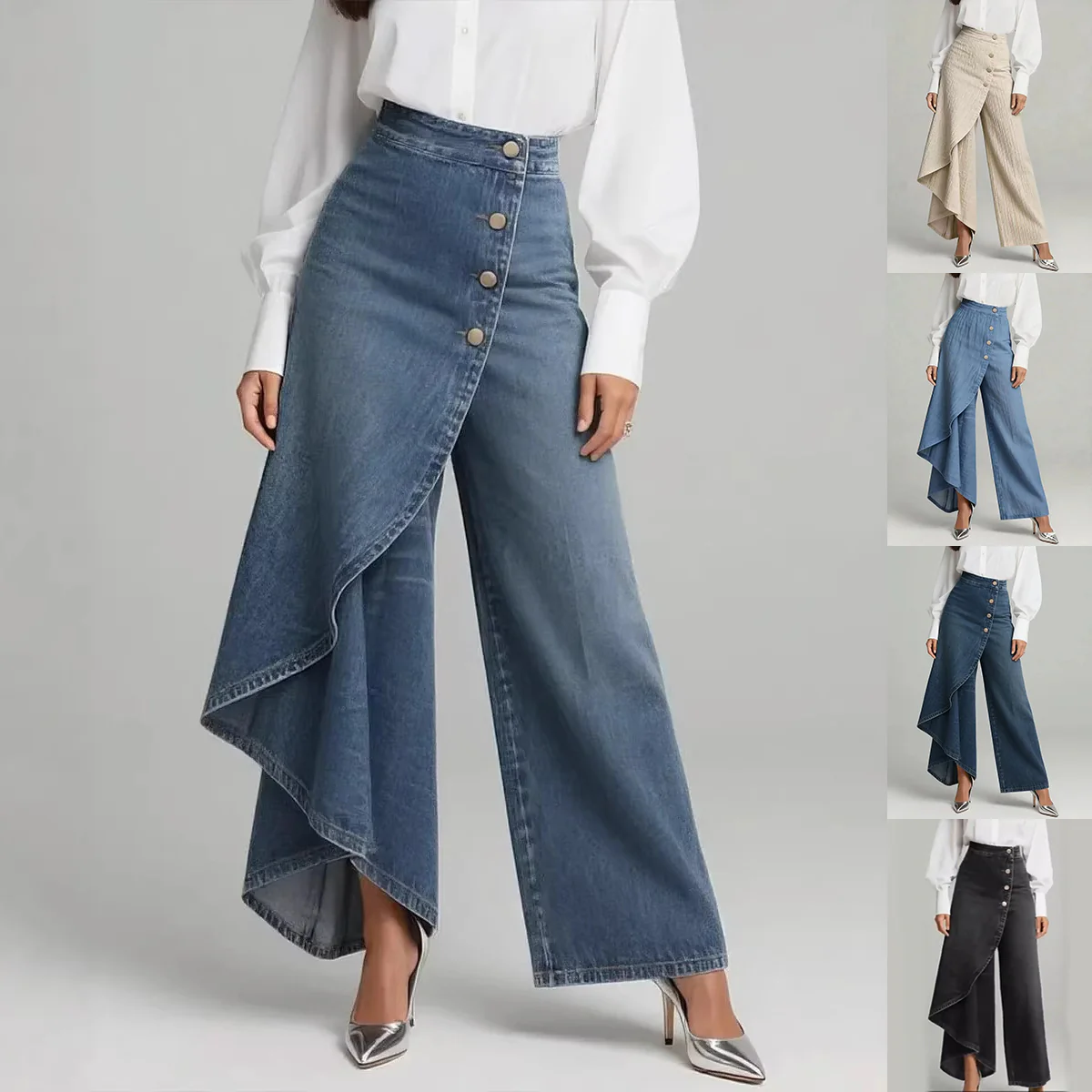 Pantalon faux jean droit unique pour femmes – Pantalon mode avec boutons à volants