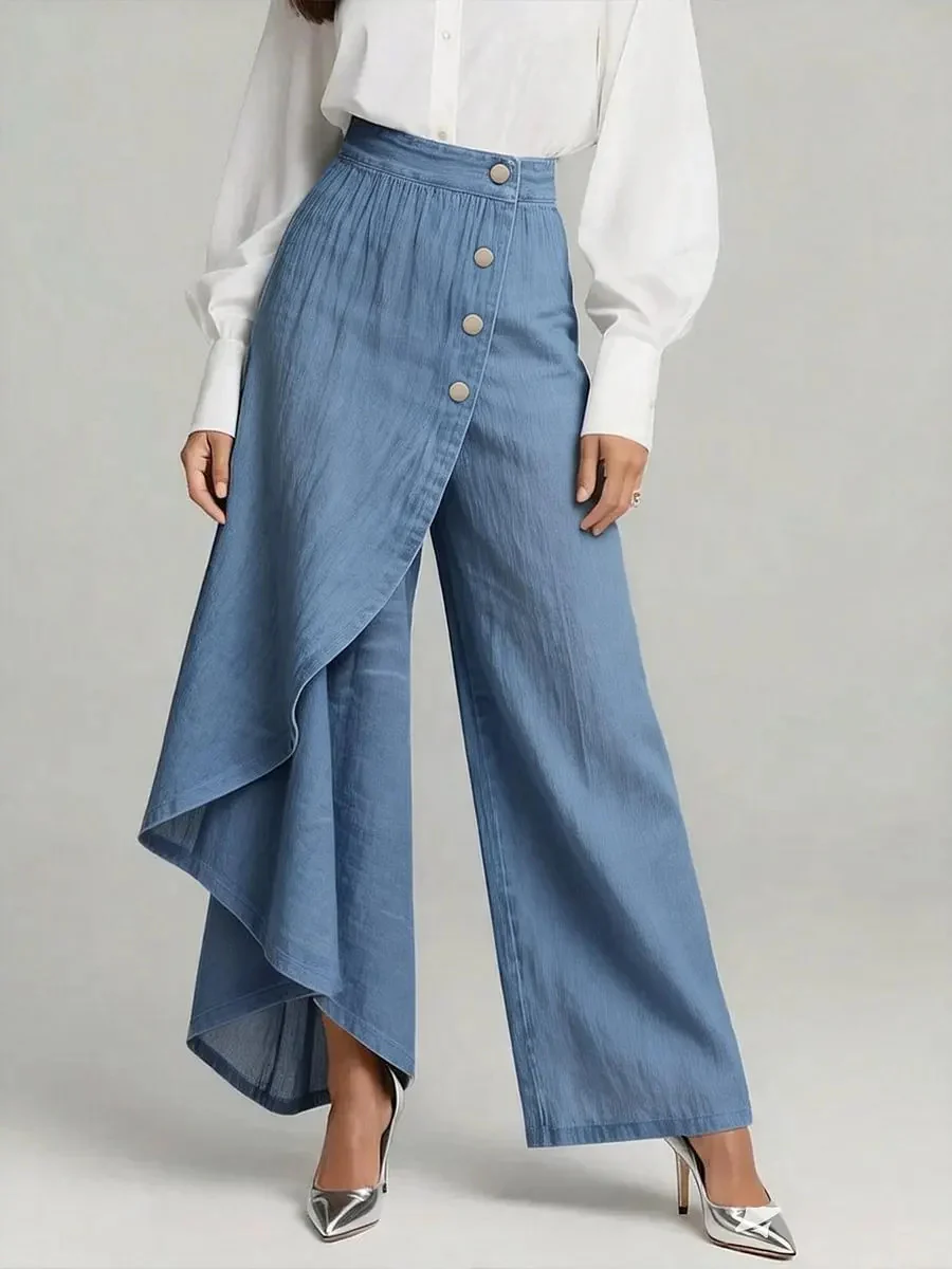 Pantalon faux jean droit unique pour femmes – Pantalon mode avec boutons à volants - Image 11