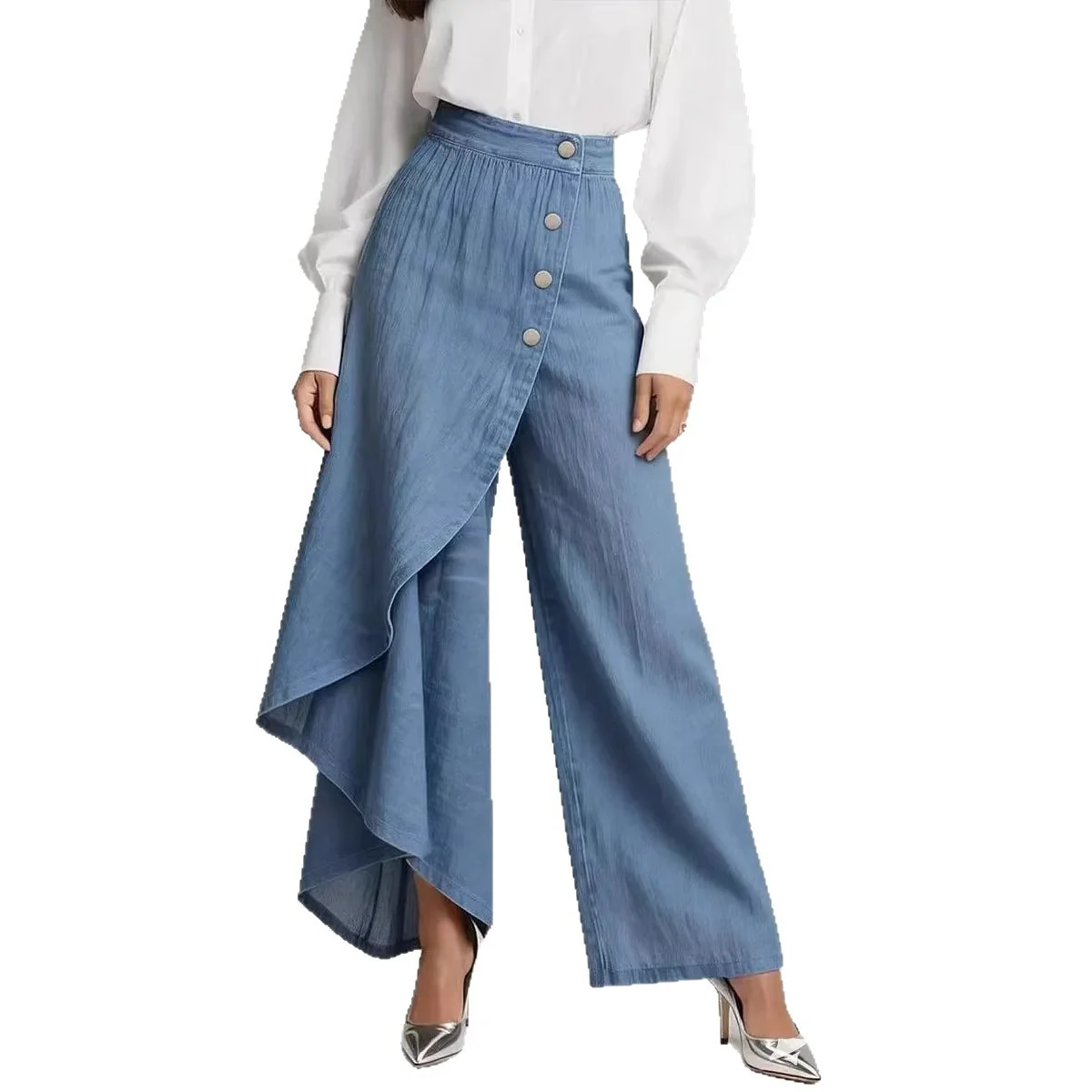 Pantalon faux jean droit unique pour femmes – Pantalon mode avec boutons à volants - Image 12