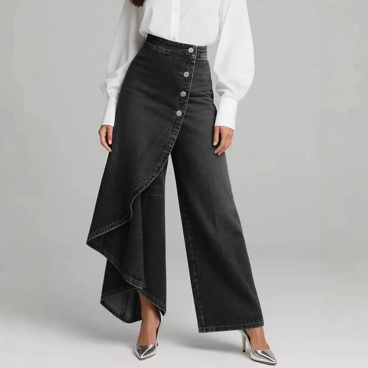 Pantalon faux jean droit unique pour femmes – Pantalon mode avec boutons à volants - Image 2