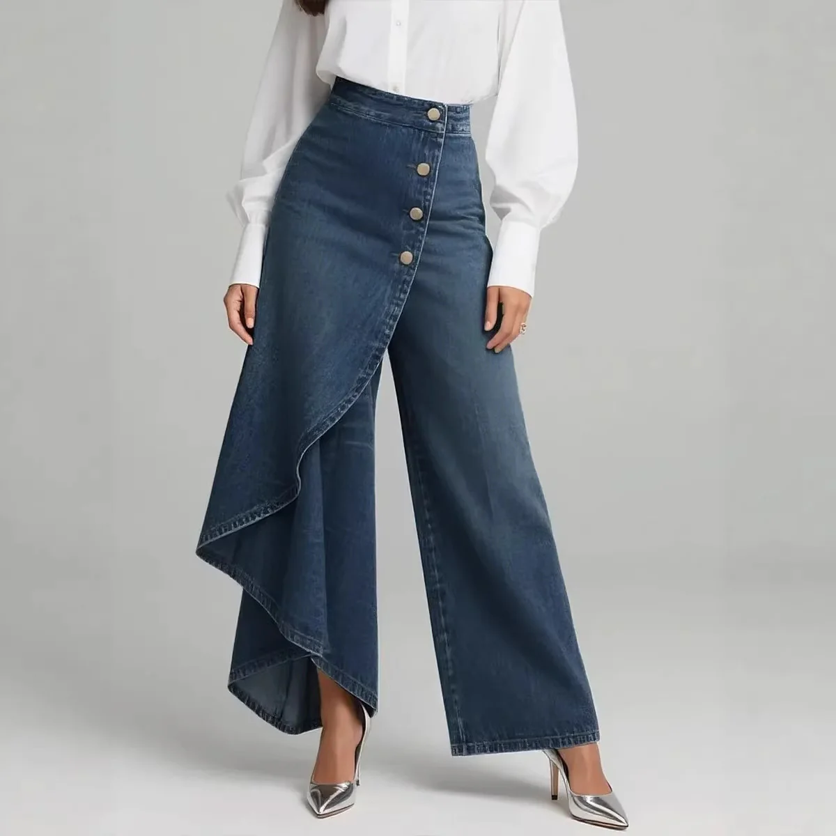 Pantalon faux jean droit unique pour femmes – Pantalon mode avec boutons à volants - Image 3
