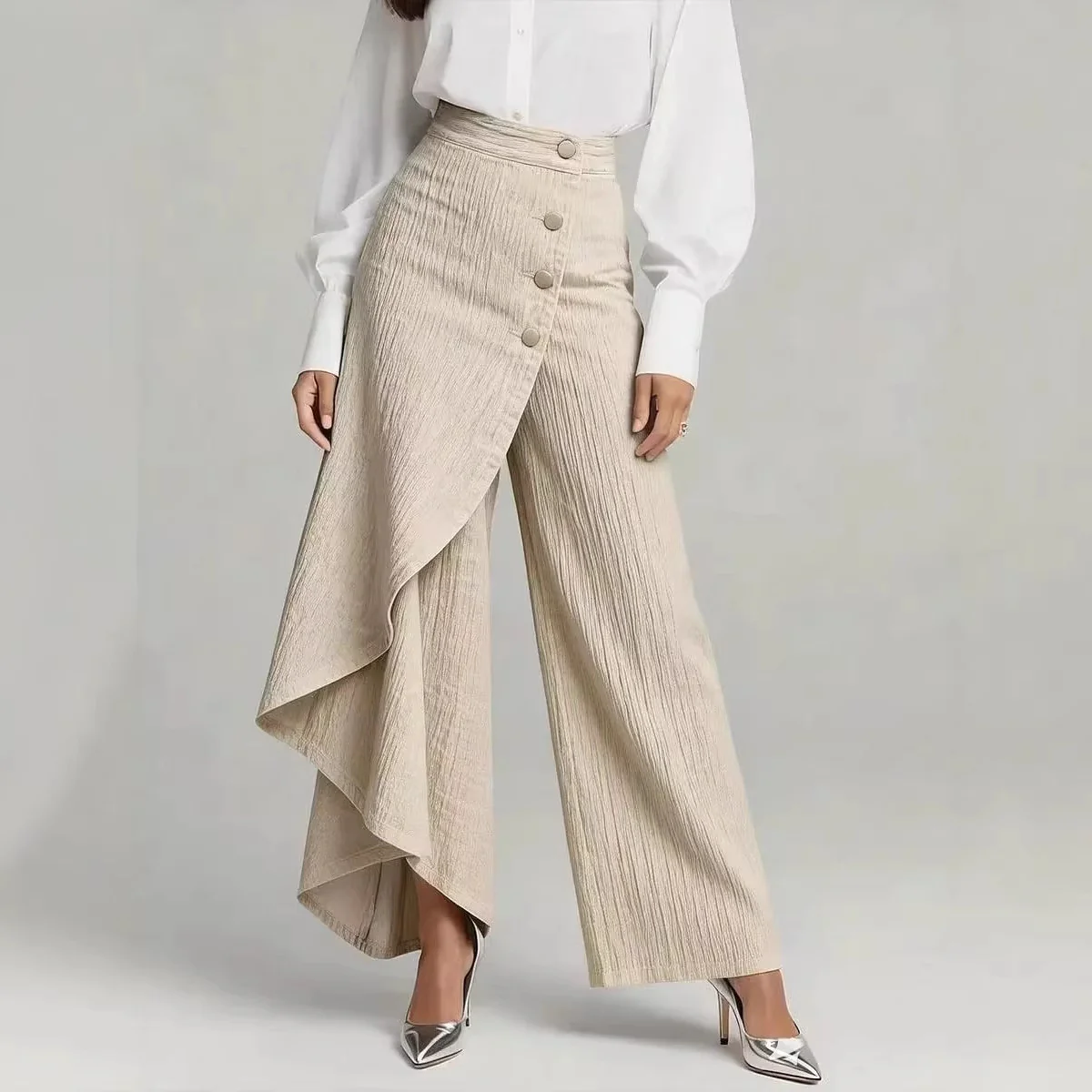 Pantalon faux jean droit unique pour femmes – Pantalon mode avec boutons à volants - Image 4