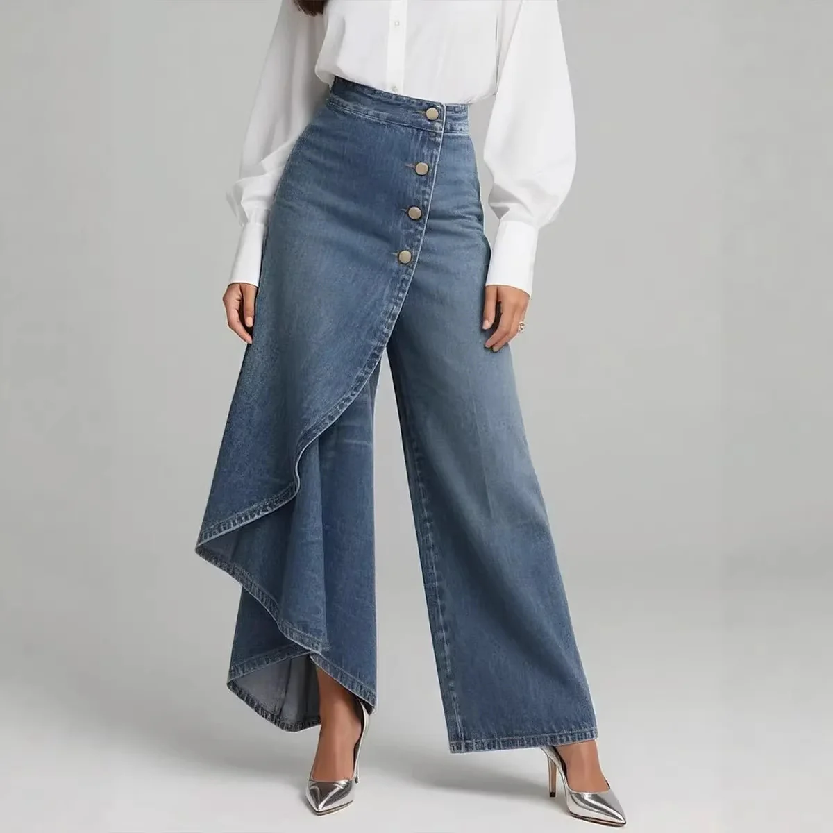 Pantalon faux jean droit unique pour femmes – Pantalon mode avec boutons à volants - Image 5