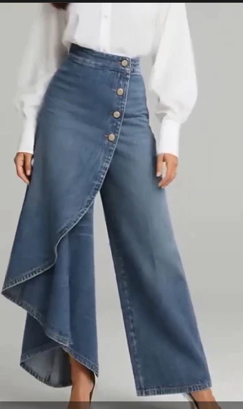 Pantalon faux jean droit unique pour femmes – Pantalon mode avec boutons à volants - Image 7