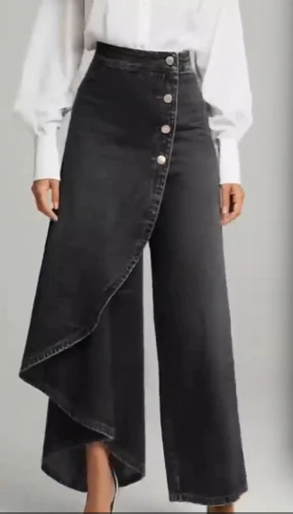 Pantalon faux jean droit unique pour femmes – Pantalon mode avec boutons à volants - Image 8