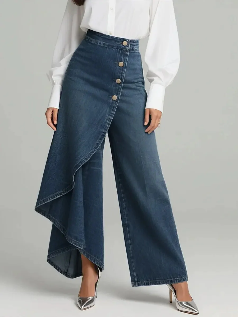 Pantalon faux jean droit unique pour femmes – Pantalon mode avec boutons à volants - Image 9