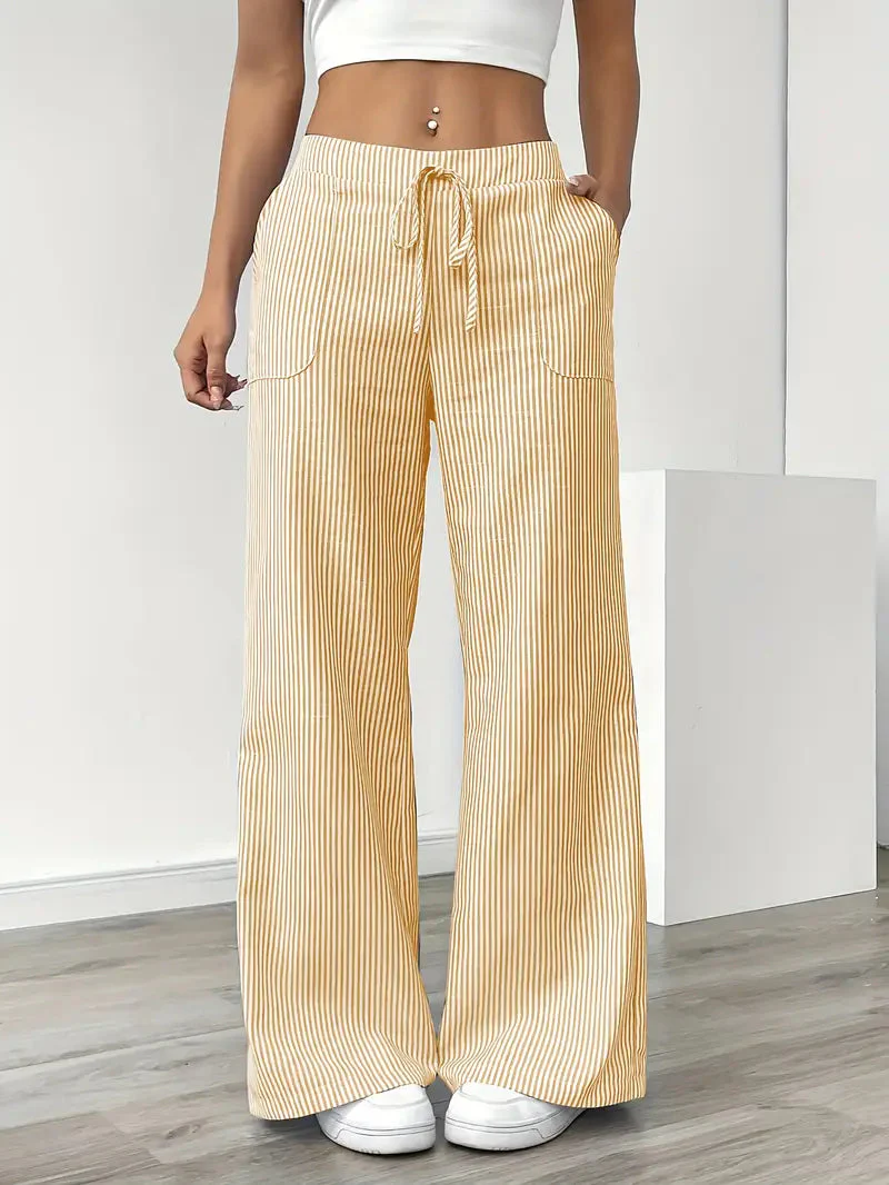 Pantalon Femme à Jambe Large Rayé – Taille Haute et Confortable