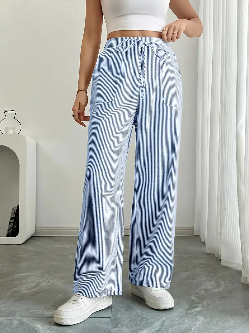 Pantalon Femme à Jambe Large Rayé – Taille Haute et Confortable - Image 16