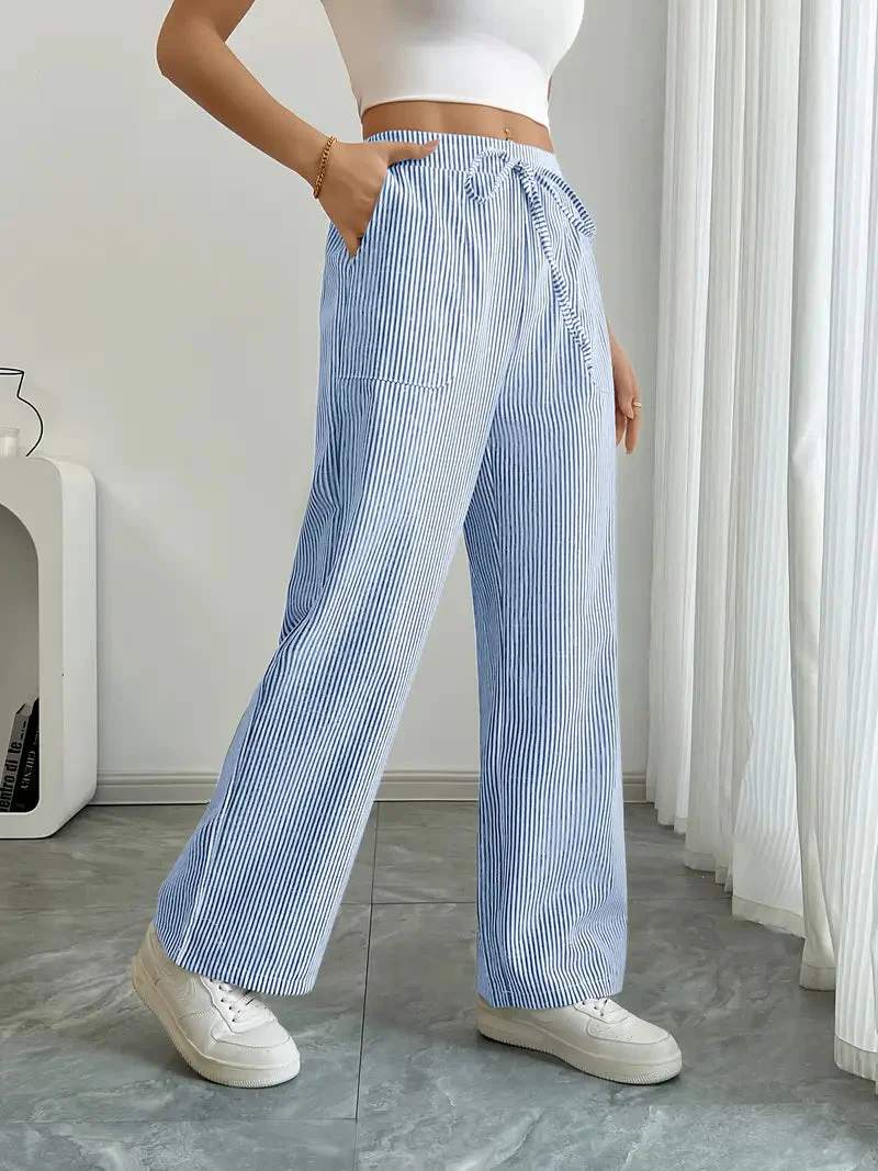 Pantalon Femme à Jambe Large Rayé – Taille Haute et Confortable - Image 18
