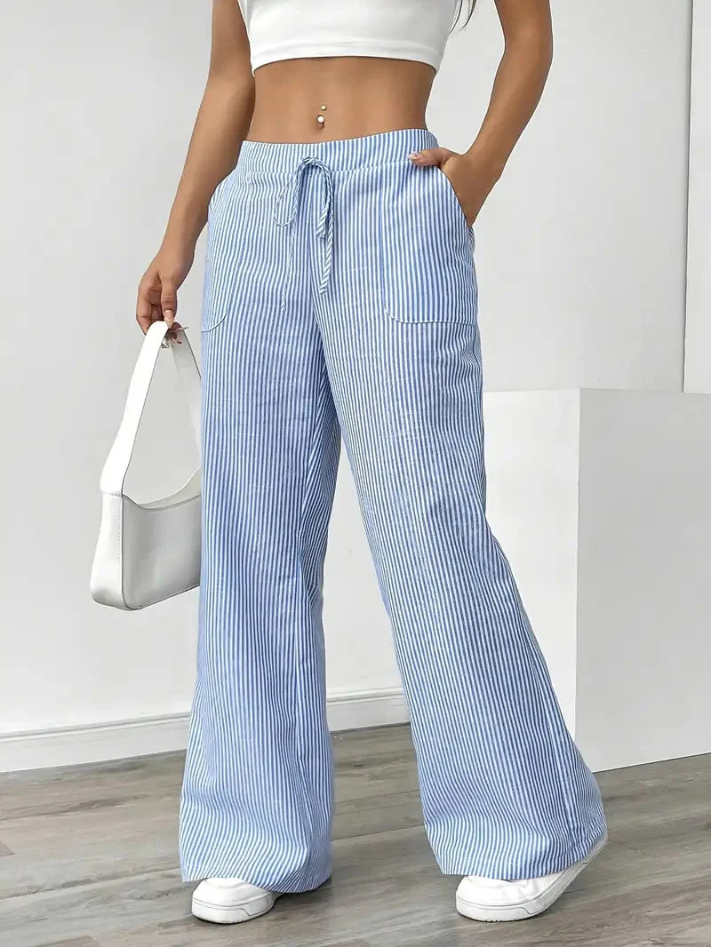 Pantalon Femme à Jambe Large Rayé – Taille Haute et Confortable - Image 20