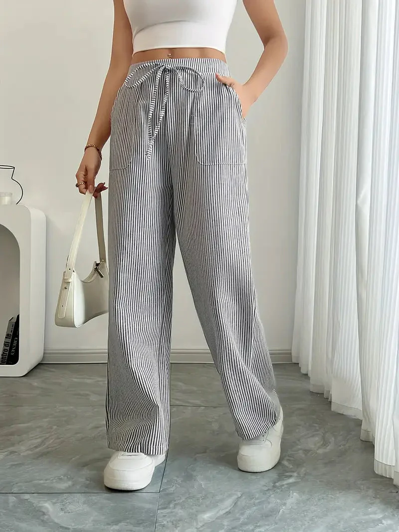 Pantalon Femme à Jambe Large Rayé – Taille Haute et Confortable - Image 24