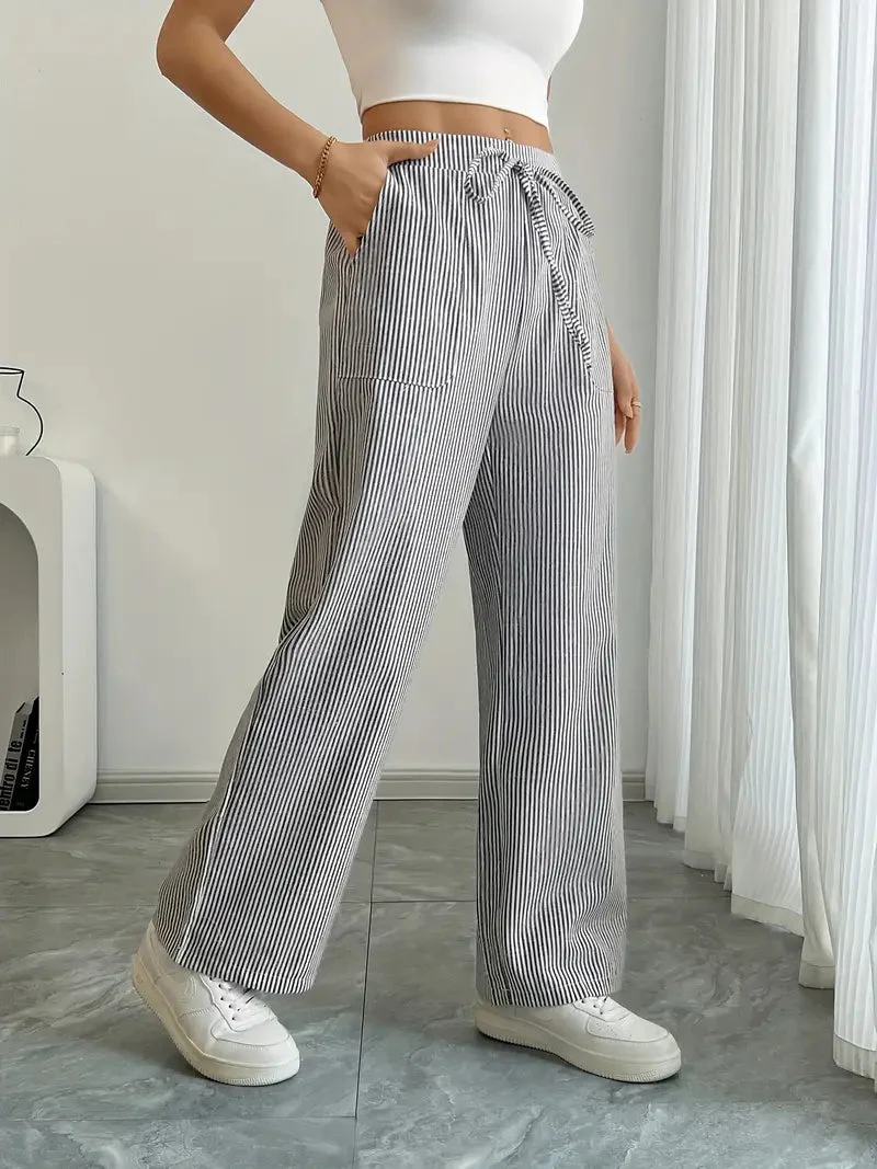 Pantalon Femme à Jambe Large Rayé – Taille Haute et Confortable - Image 25