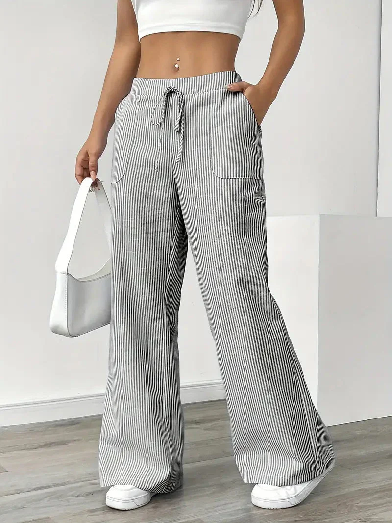 Pantalon Femme à Jambe Large Rayé – Taille Haute et Confortable - Image 28
