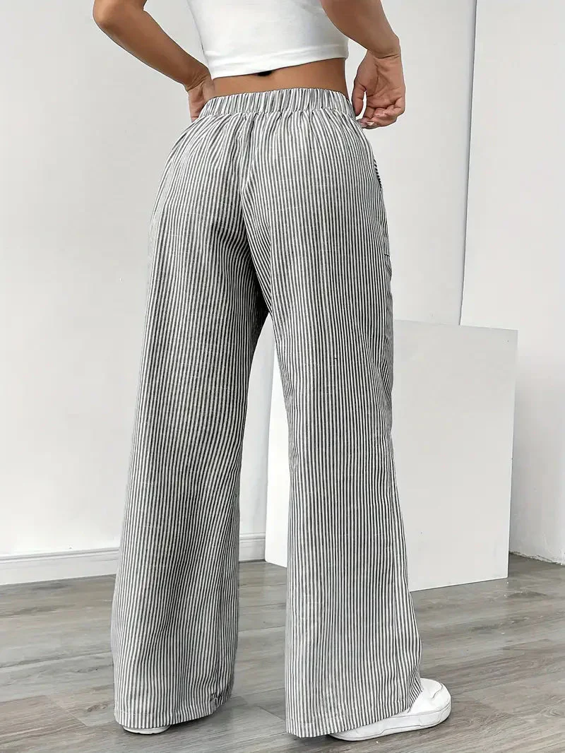 Pantalon Femme à Jambe Large Rayé – Taille Haute et Confortable - Image 30