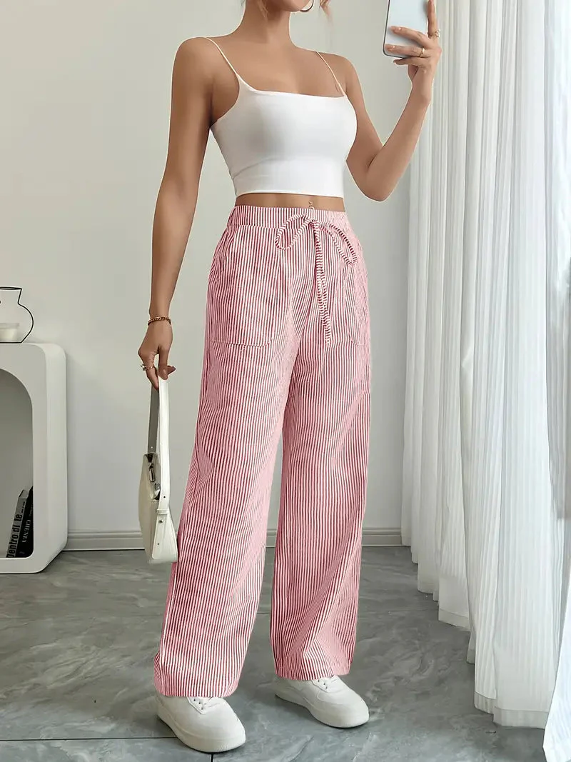 Pantalon Femme à Jambe Large Rayé – Taille Haute et Confortable - Image 8
