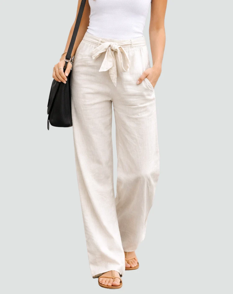 Pantalon femme en lin jambe large avec cordon - Souple et leger - Image 3