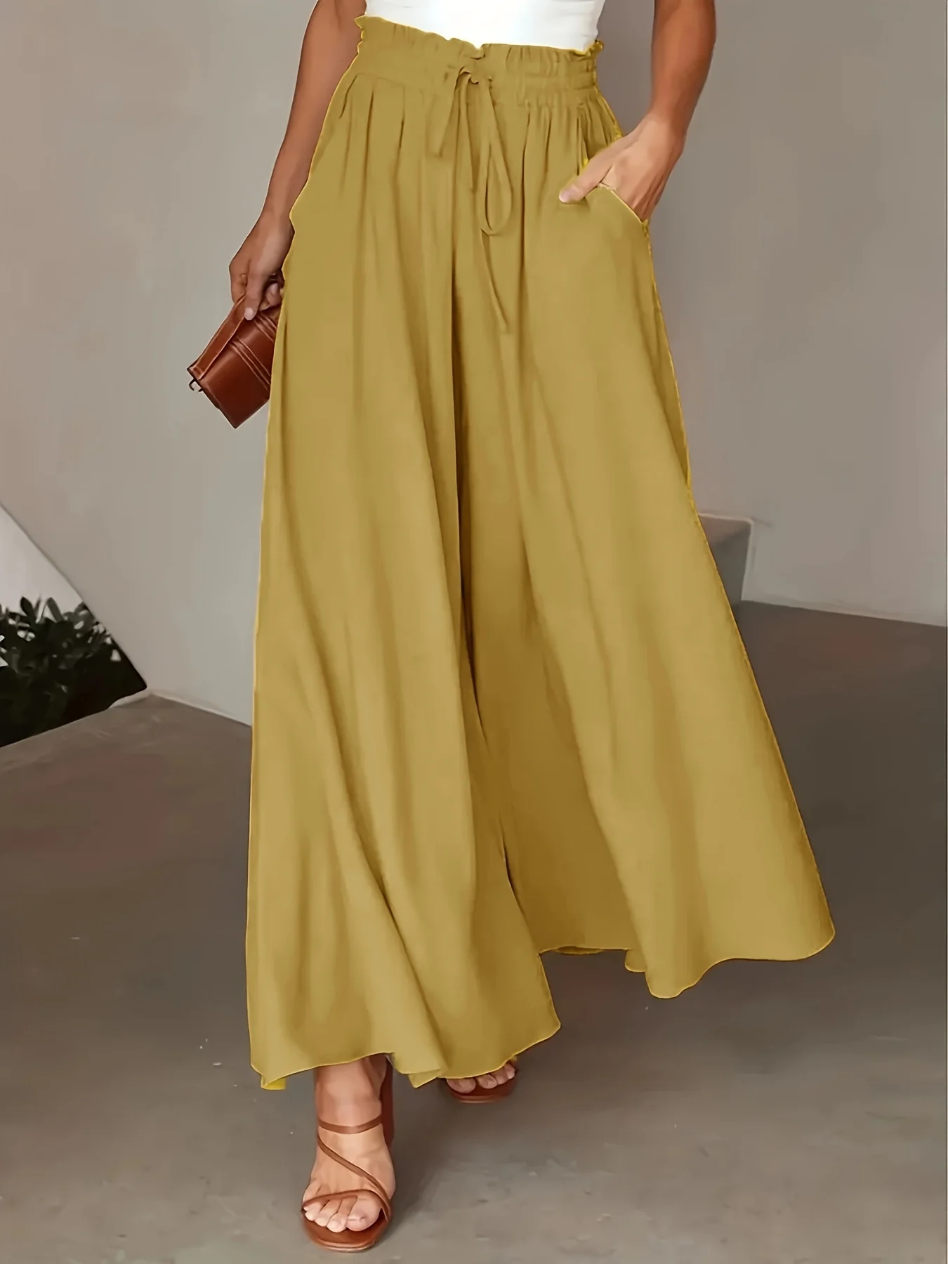 Pantalon Femme Jambe Large - Couleur Unie Élégante, Tissu Polyester Lisse Tissé - Décontracté Chic Toutes Saisons | Taille Micro-Élastique | Coupe Longue et Ample - Image 2