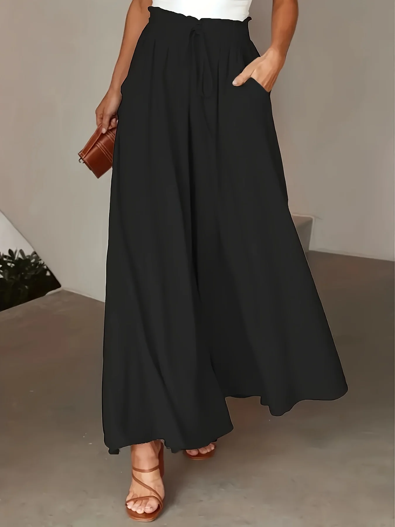 Pantalon Femme Jambe Large - Couleur Unie Élégante, Tissu Polyester Lisse Tissé - Décontracté Chic Toutes Saisons | Taille Micro-Élastique | Coupe Longue et Ample - Image 3