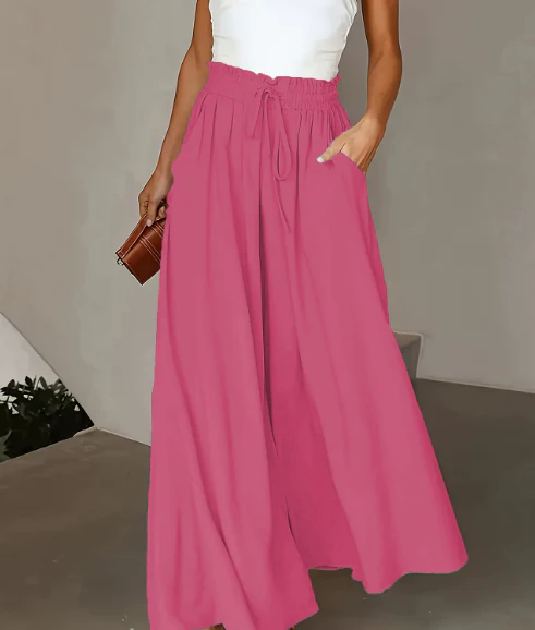 Pantalon Femme Jambe Large - Couleur Unie Élégante, Tissu Polyester Lisse Tissé - Décontracté Chic Toutes Saisons | Taille Micro-Élastique | Coupe Longue et Ample - Image 9
