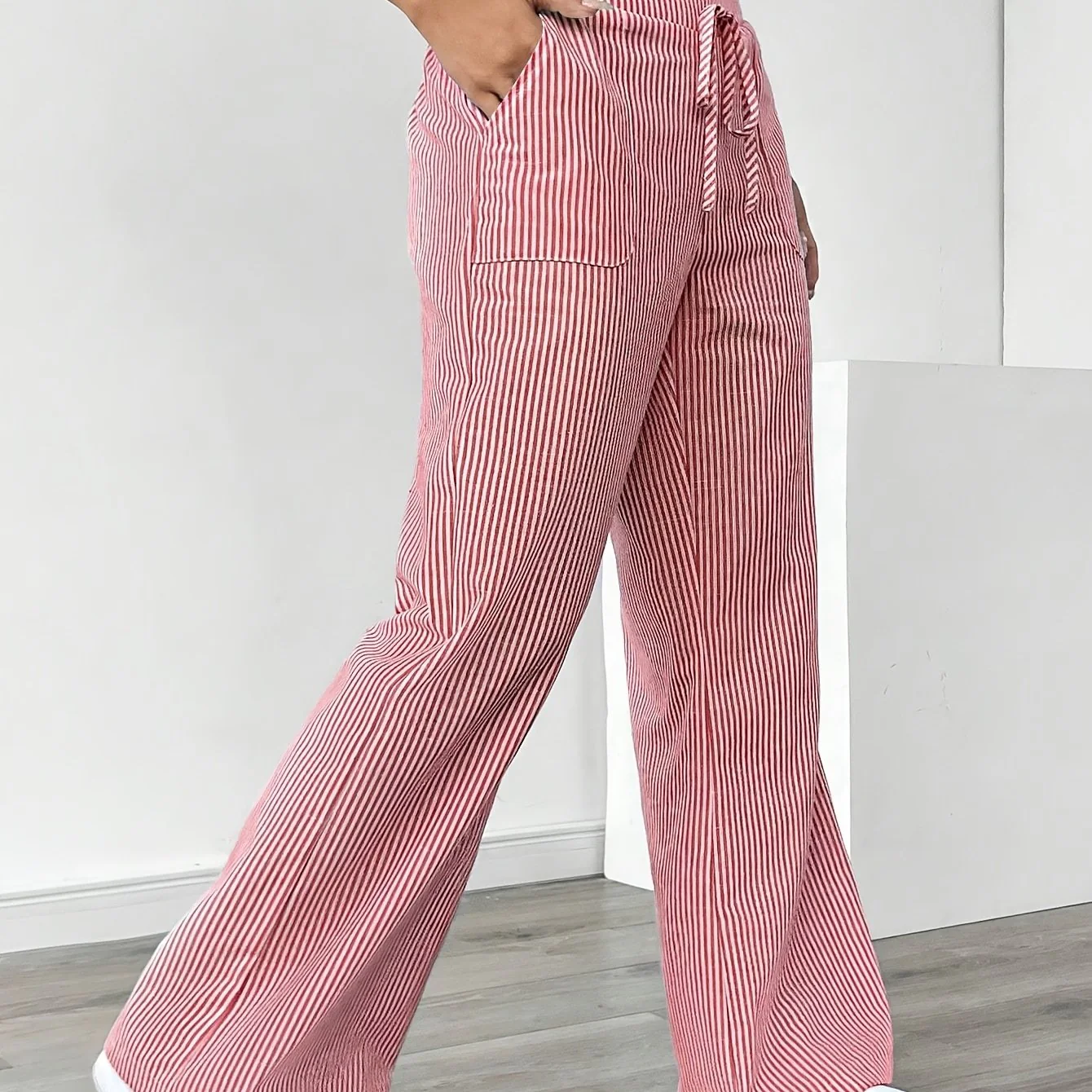 Pantalon Jambe Large à Poches Latérales, Imprimé Rayé Décontracté Taille Cordon, Printemps &amp; Été, Vêtements pour Femmes - Image 14