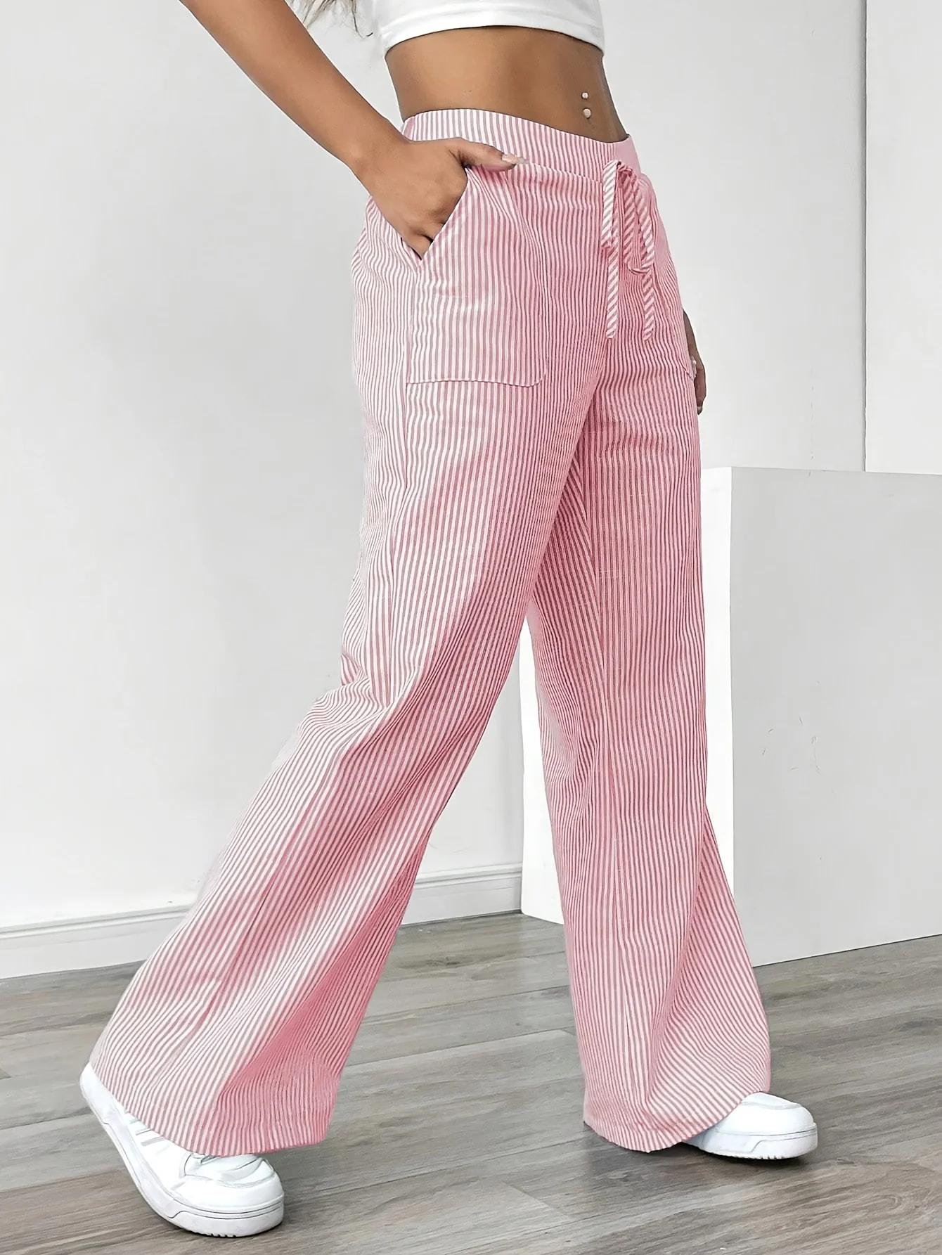 Pantalon Jambe Large à Poches Latérales, Imprimé Rayé Décontracté Taille Cordon, Printemps &amp; Été, Vêtements pour Femmes - Image 3