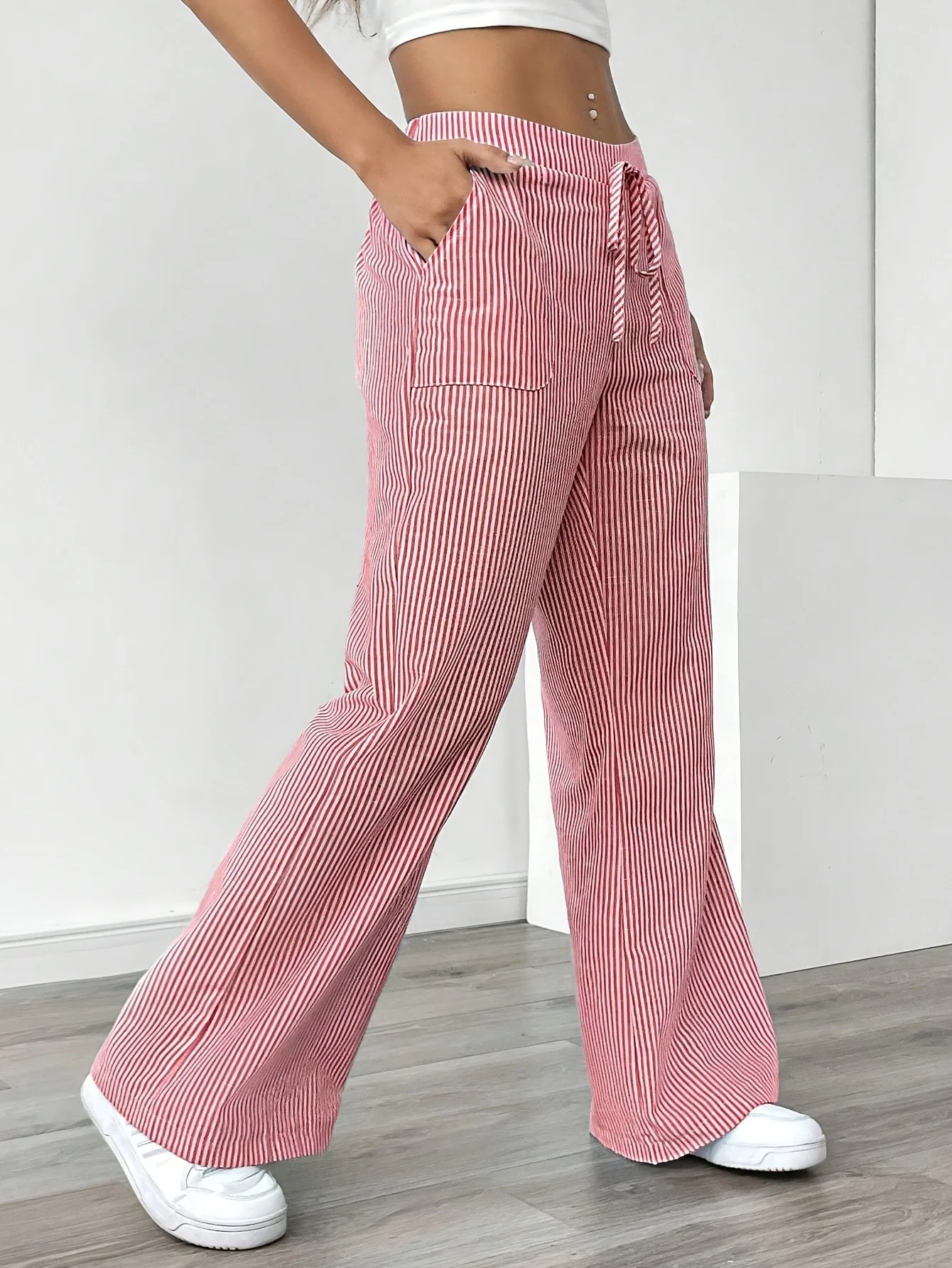 Pantalon Jambe Large à Poches Latérales, Imprimé Rayé Décontracté Taille Cordon, Printemps &amp; Été, Vêtements pour Femmes - Image 6