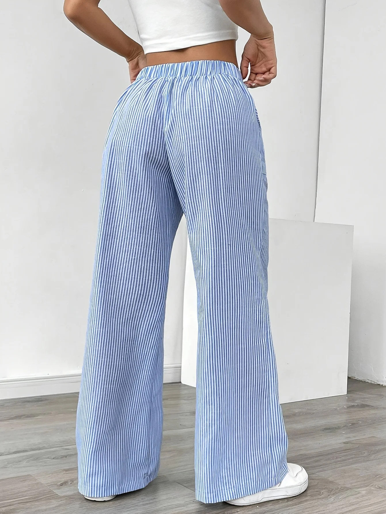Pantalon Jambe Large à Poches Latérales, Imprimé Rayé Décontracté Taille Cordon, Printemps &amp; Été, Vêtements pour Femmes - Image 7