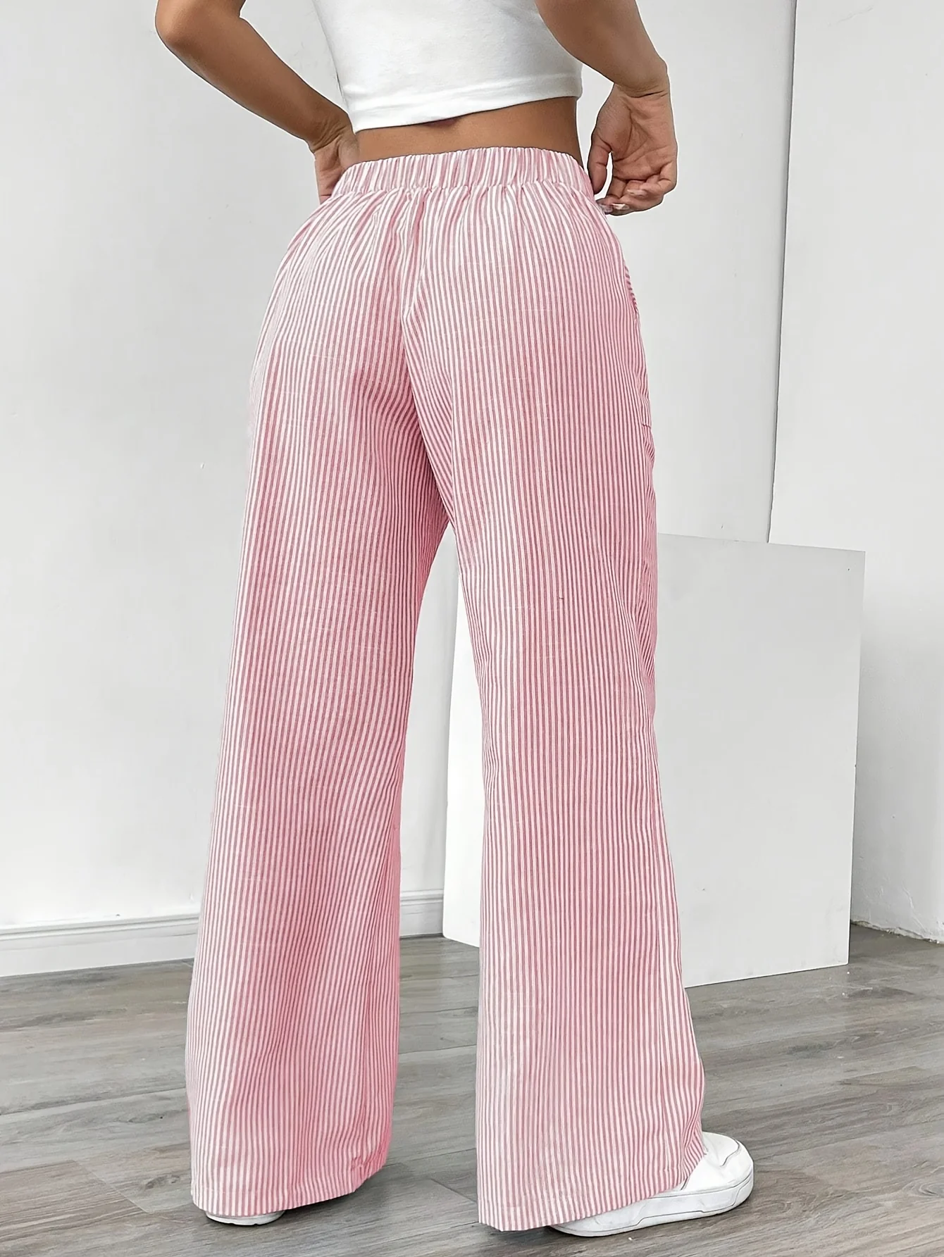 Pantalon Jambe Large à Poches Latérales, Imprimé Rayé Décontracté Taille Cordon, Printemps &amp; Été, Vêtements pour Femmes - Image 8