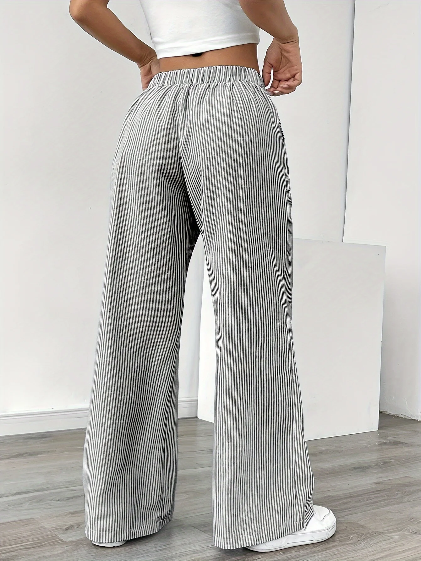 Pantalon Jambe Large à Poches Latérales, Imprimé Rayé Décontracté Taille Cordon, Printemps &amp; Été, Vêtements pour Femmes - Image 9