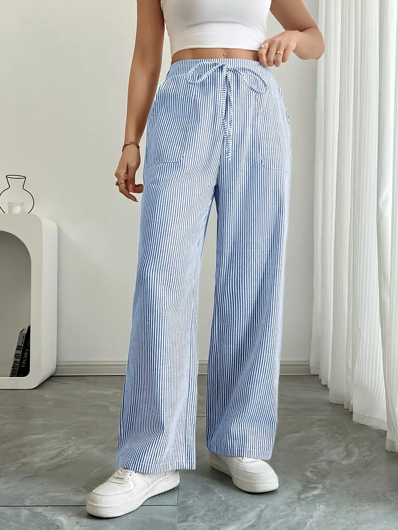 Pantalon large décontracté à rayures pour femme, élégant et décontracté – Pantalon d'été léger et respirant avec poches - Image 16