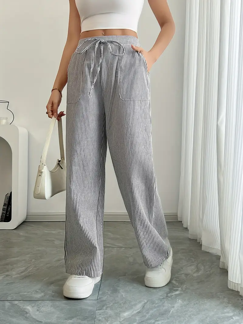 Pantalon large décontracté à rayures pour femme, élégant et décontracté – Pantalon d'été léger et respirant avec poches - Image 24