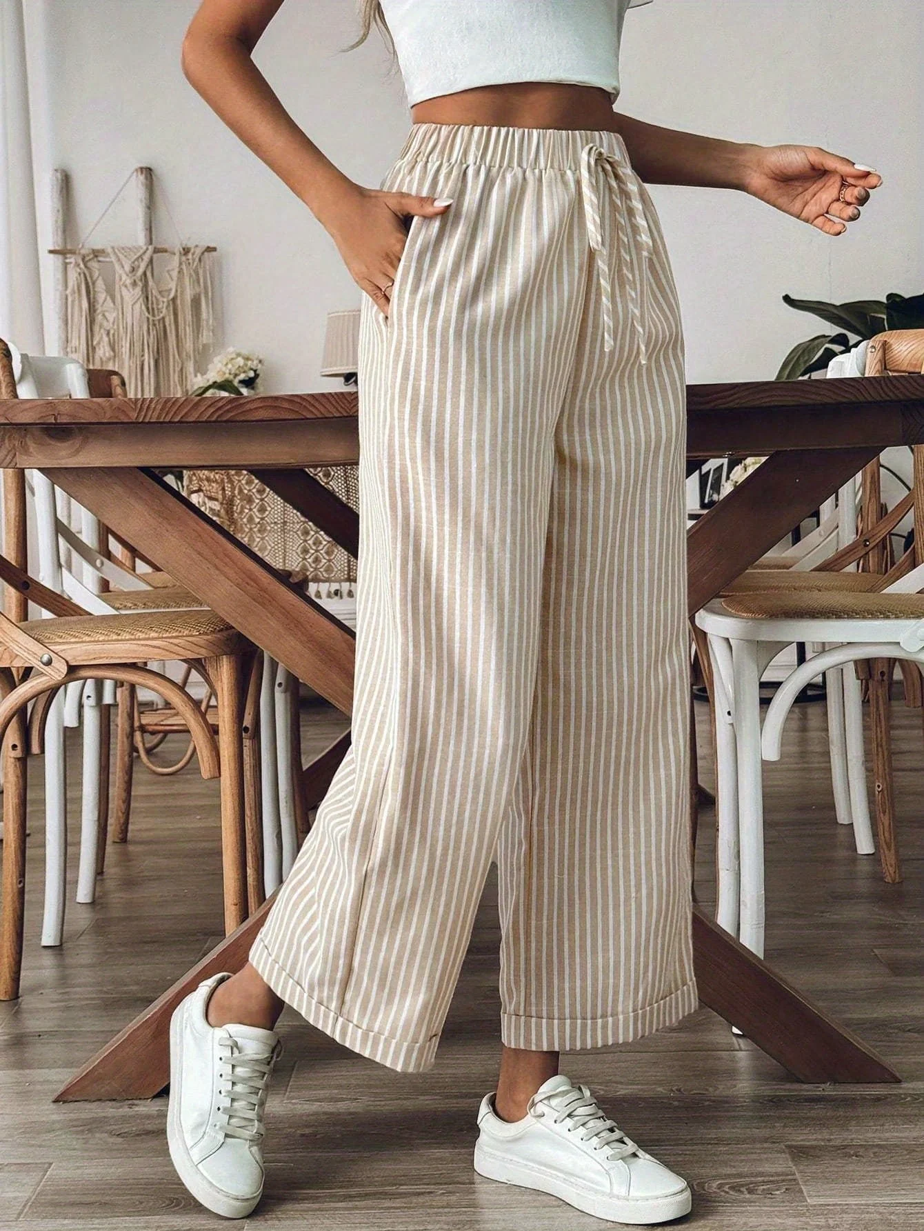 Pantalon large en lin raye femme - Fluide et decontracte