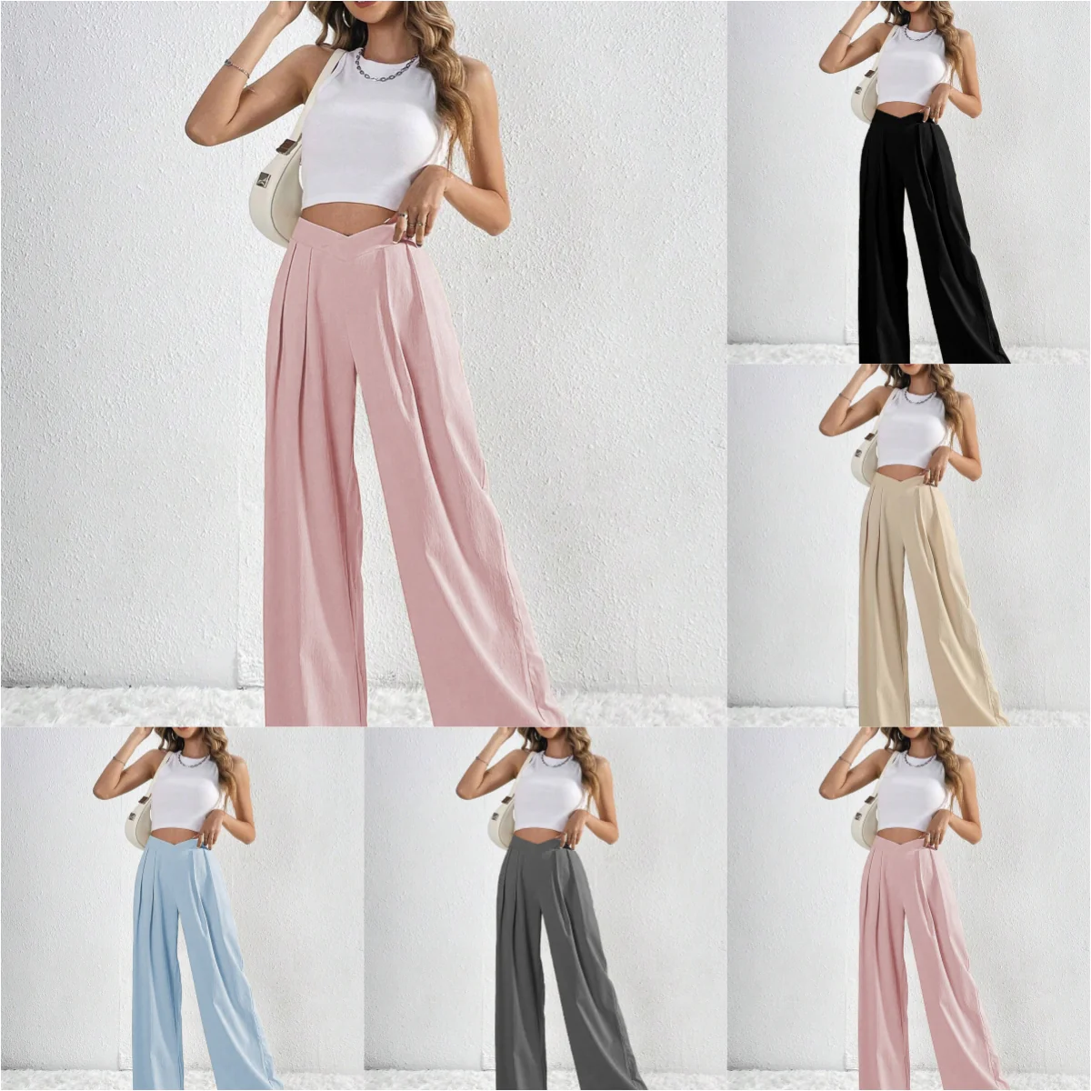 Pantalon Large Plissé Taille Haute Femme – Style Décontracté d’Été