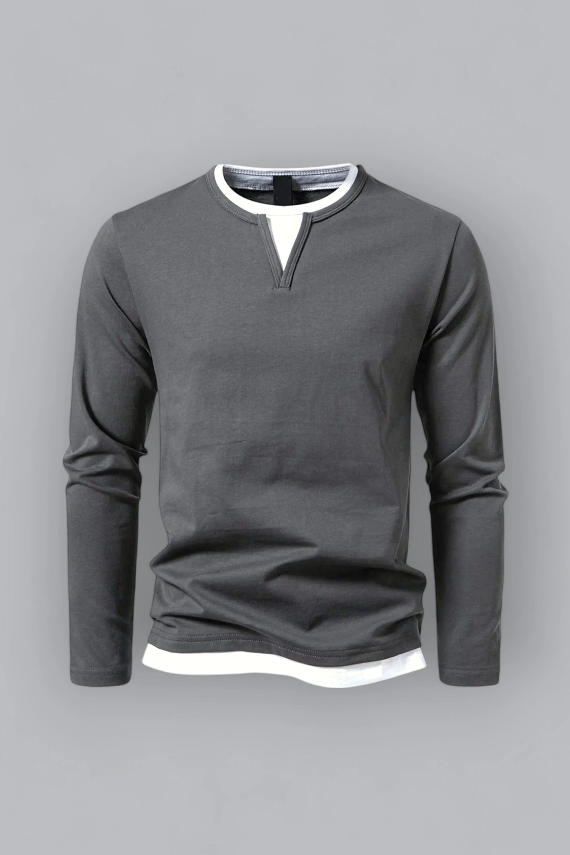 Polo Homme à Manches Longues avec Col Rond et Effet Superposé – Essentiel Décontracté et Stylé