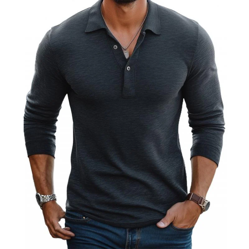 Polo Homme Décontracté en Mélange de Coton – Manches Longues Slim avec Col à Revers - Image 2