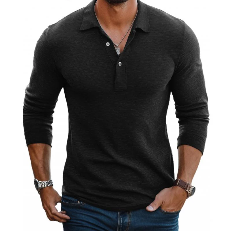 Polo Homme Décontracté en Mélange de Coton – Manches Longues Slim avec Col à Revers - Image 3